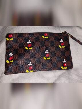 Brown Checkered Wristlet Pouch with Mickey Mouse Print